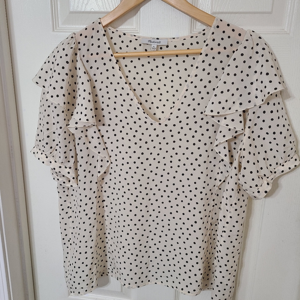 Madewell Polka Dot Ruffle Sleeve Top Size XL